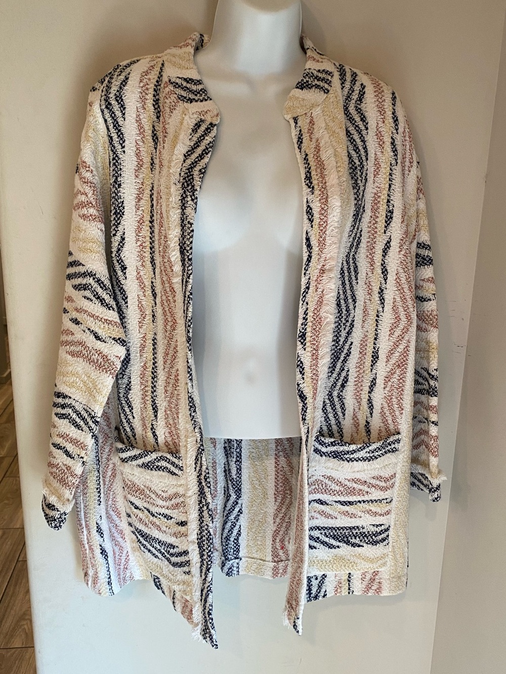 Susan Graver Metallic Jacquard Open Front Jacket Blazer Shacket Chevron Boho M 8
